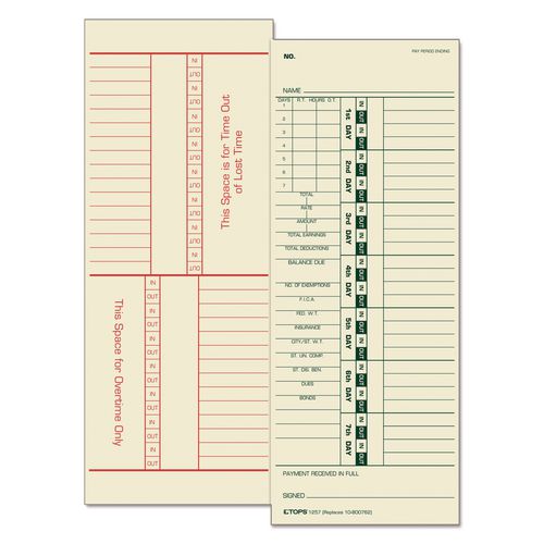 Image of TOPS 1257 Time Clock Cards, Replacement For 10-800762, Two Sides, 3.5 X 9, 500/box