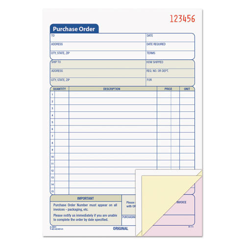 Image of TOPS 46141 Purchase Order Book, 15 Lines, Three-Part Carbonless, 5.56 x 8.44, 50 Forms Total