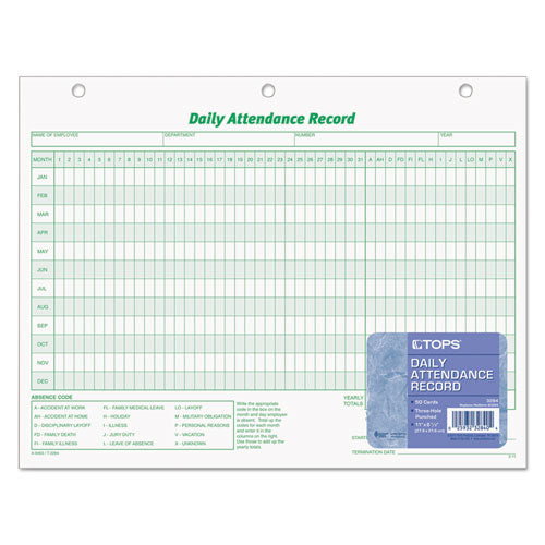 Image of TOPS 3284 Daily Attendance Card, One-Part (No Copies), 11 x 8.5, 50 Forms Total
