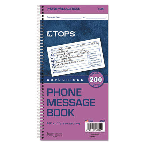 Image of TOPS 4002 Spiralbound Message Book, Two-Part Carbonless, 5 x 2.75, 4 Forms/Sheet, 200 Forms Total