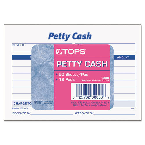 Image of TOPS 3008 Petty Cash Slips, One-Part (No Copies), 5 x 3.5, 50 Forms/Pad, 12 Pads/Pack