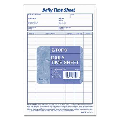 Image of TOPS 30041 Daily Time and Job Sheets, One-Part (No Copies), 8.5 x 5.5, 200 Forms/Pad, 2 Pads/Pack