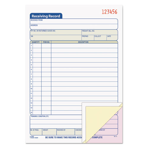 Image of TOPS 46260 Receiving Record Book, Three-Part Carbonless, 5.56 x 7.94, 50 Forms Total