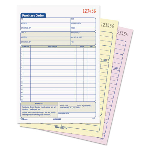 Image of TOPS 46141 Purchase Order Book, 15 Lines, Three-Part Carbonless, 5.56 x 8.44, 50 Forms Total