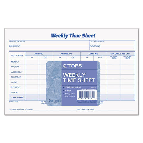 Image of TOPS 30071 Weekly Time Sheets, One-Part (No Copies), 8.5 x 5.5, 50 Forms/Pad, 2 Pads/Pack