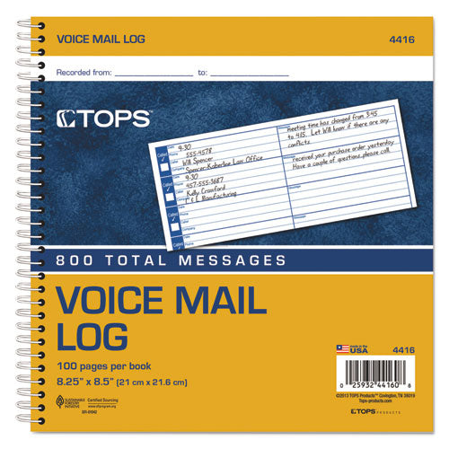 Image of TOPS 4416 Voice Message Log Books, One-Part (No Copies), 8 x 1, 8 Forms/Sheet, 800 Forms Total