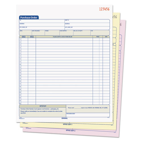 Image of TOPS 46147 Purchase Order Book, 22 Lines, Three-Part Carbonless, 8.38 x 10.19, 50 Forms Total
