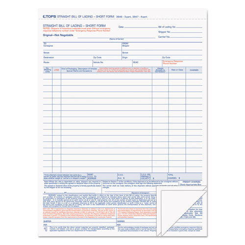 Image of TOPS 3846 Bill of Lading, Three-Part Carbonless, 8.5 x 11, 50 Forms Total