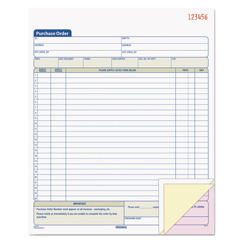 Image of TOPS 46147 Purchase Order Book, 22 Lines, Three-Part Carbonless, 8.38 x 10.19, 50 Forms Total