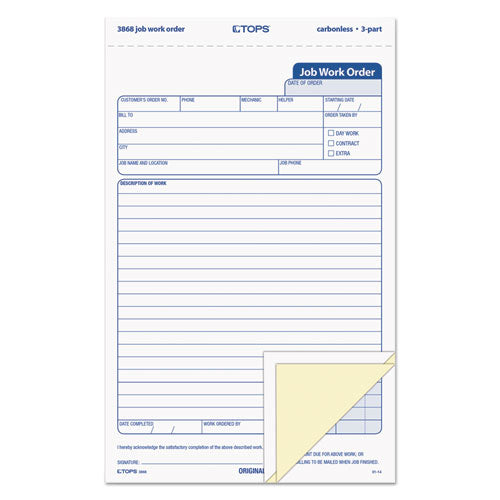 Image of TOPS 3868 Job Work Order, Three-Part Carbonless, 5.66 x 8.63, 50 Forms Total