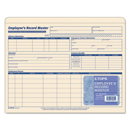 Image of TOPS 32801 Employee Record Master File Jacket, Straight Tab, Letter Size, Manila, 15/pack