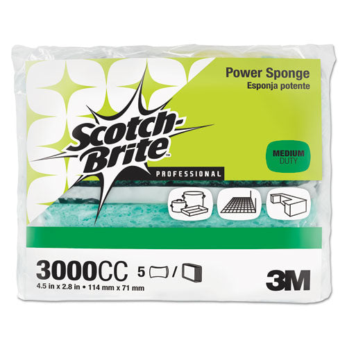 Image of Scotch-Brite PROFESSIONAL 3000CC Power Sponge 3000, 2.8 x 4.5, 0.6" Thick, Blue/Teal, 5/Pack