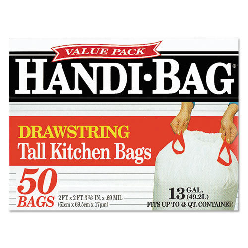 Image of Handi-Bag® 1516848 Drawstring Kitchen Bags, 13 gal, 24" x 27.38", White, 50/Box