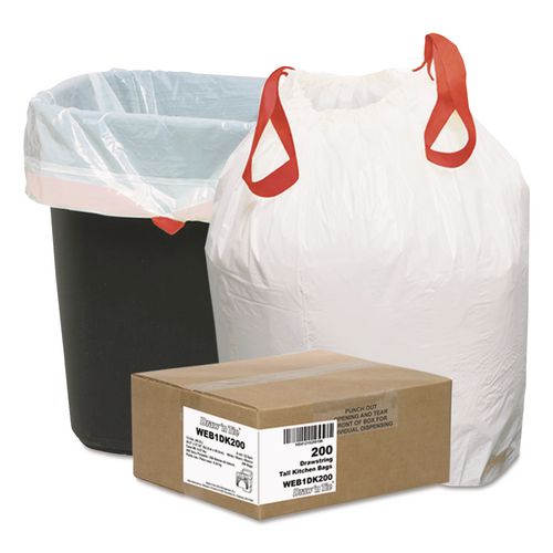 Image of Draw 'n Tie® 1518605 Heavy-Duty Trash Bags, Drawstring, 13 gal, 24.5" x 27.38", White, 50 Bags/Roll, 4 Rolls/Box