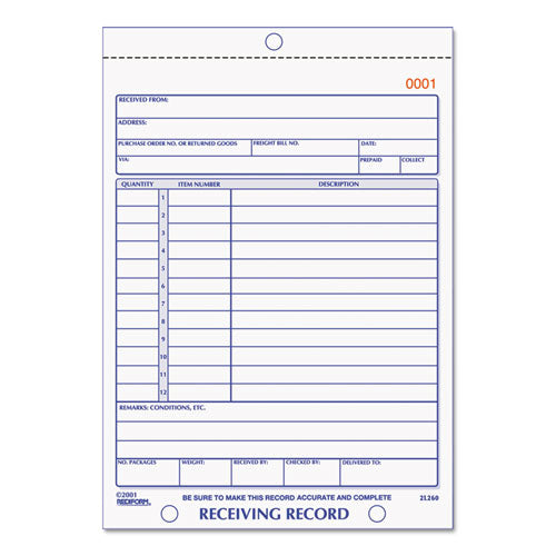 Image of Rediform® 2L260 Receiving Record Book, Three-Part Carbonless, 5.56 x 7.94, 50 Forms Total