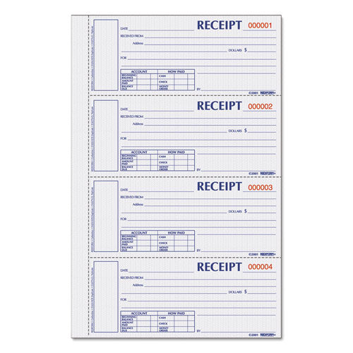 Image of Rediform® S1657NCL Durable Hardcover Numbered Money Receipt Book, Three-Part Carbonless, 6.88 x 2.75, 4 Forms/Sheet, 200 Forms Total