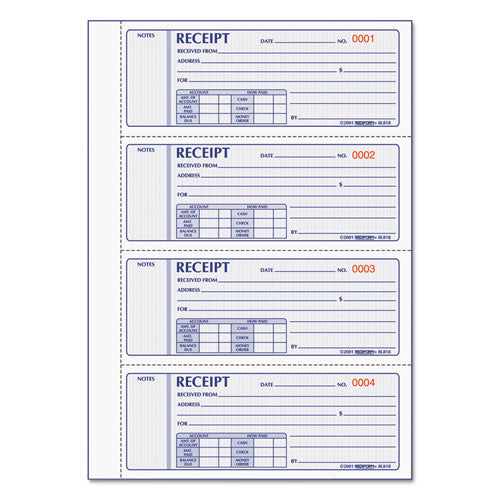 Image of RediformÂ® Money Receipt Book, Hardcover, Three-Part Carbonless, 7 x 2.75, 4 Forms/Sheet, 200 Forms Total