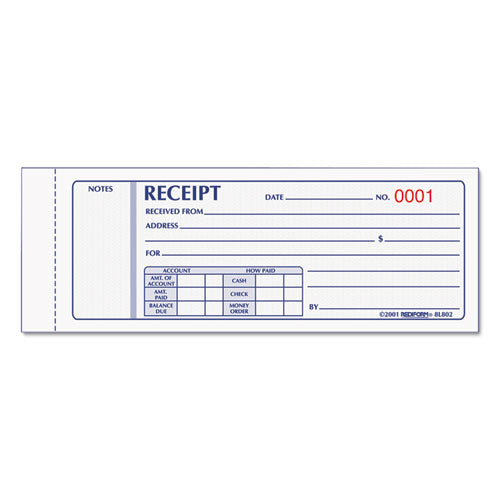 Image of Rediform® 8L802 Receipt Book, Three-Part Carbonless, 7 x 2.75, 4 Forms/Sheet, 50 Forms Total