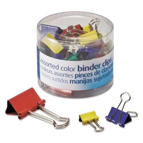 Image of Officemate 31026 Assorted Binder Clips with Storage Tub, (12) Mini (0.5"), (12) Small (0.75"), (6) Medium (1.25"), Assorted Colors