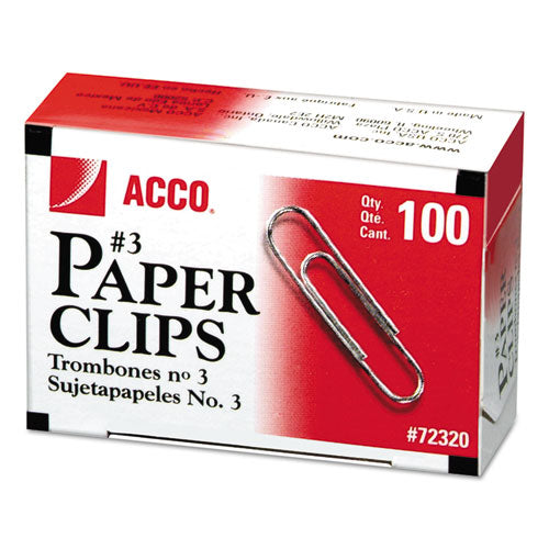 Image of ACCO A7072320G Paper Clips, #3, Smooth, Silver, 100 Clips/Box, 10 Boxes/Pack