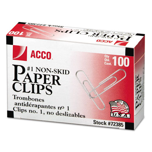 Image of ACCO A7072385G Paper Clips, #1, Nonskid, Silver, 100 Clips/Box, 10 Boxes/Pack