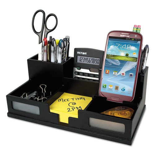 Image of Victor® 9525-5 Midnight Black Desk Organizer with Smartphone Holder, 6 Compartments, Wood, 10.5 x 5.5 x 4