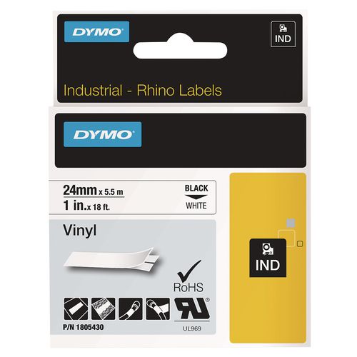 Image of DYMO® 1805430 Rhino Permanent Vinyl Industrial Label Tape, 1" X 18 Ft, White/black Print