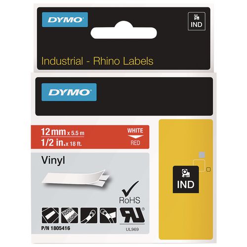 Image of DYMO® 1805416 Rhino Permanent Vinyl Industrial Label Tape, 0.5" X 18 Ft, Red/white Print