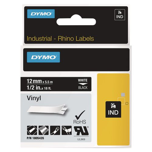 Image of DYMO® 1805435 Rhino Permanent Vinyl Industrial Label Tape, 0.5" X 18 Ft, Black/white Print