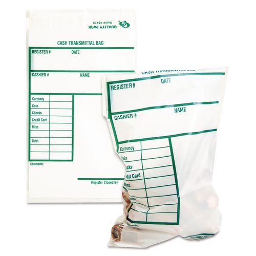Image of Quality Park QUA45220 Clear Cash Transmittal Bags with Pre-Printed Info Block, Polyethylene, 6" x 9", Clear, 100/Pack
