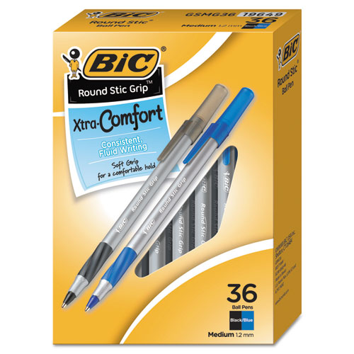 Image of BIC® GSMG361-AST Round Stic Grip Xtra Comfort Ballpoint Pen Value Pack, Easy-Glide, Stick, Medium 1.2mm, Assorted Ink And Barrel Colors, 36/pk