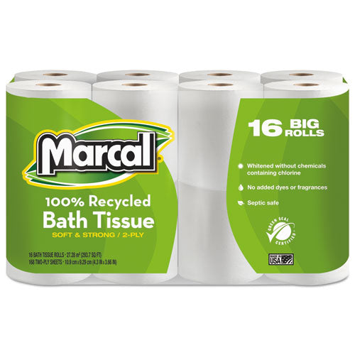 Image of Marcal® 16466 100% Recycled Two-Ply Bath Tissue, Septic Safe, White, 168 Sheets/Roll, 96 Rolls/Carton
