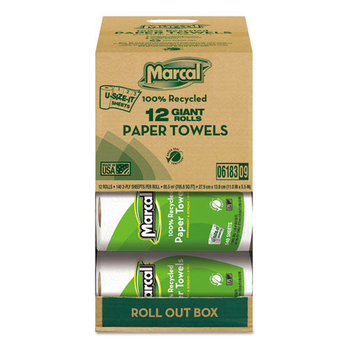 Image of Marcal® 6183 100% Premium Recycled Kitchen Roll Towels, Roll Out Box, 2 Ply, 11 x 5.5, White, 140 Sheets, 12 Rolls/Carton