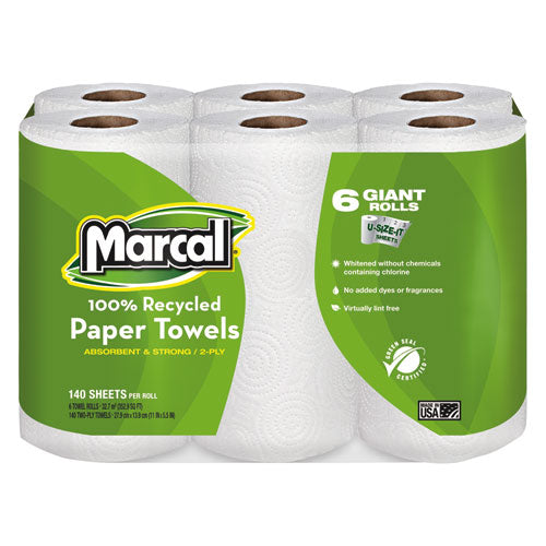 Image of Marcal® 6181 100% Premium Recycled Kitchen Roll Towels, 2 Ply, 11 x 5.5, White, 140/Roll, 24 Rolls/Carton