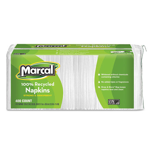 Image of Marcal® 6506 100% Recycled Luncheon Napkins, 1 Ply, 11.4 x 12.5, White, 400/Pack, 6 Packs/Carton