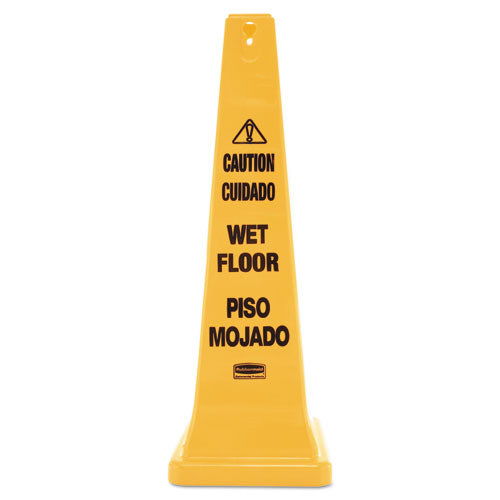 Image of Rubbermaid® Commercial FG627677YEL Multilingual Wet Floor Safety Cone, 12.25 x 12.25 x 36, Yellow