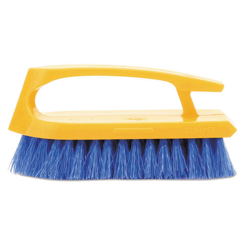 Image of Rubbermaid® Commercial FG648200COBLT Iron-Shaped Handle Scrub Brush, Blue Polypropylene Bristles, 6" Brush, 6" Yellow Plastic Handle