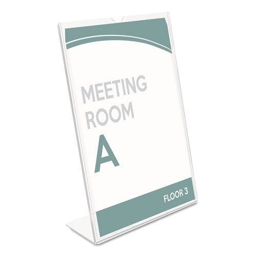 Image of deflecto® DEF590101 Superior Image Slanted Sign Holder, Top Loading, Portrait, 8.5 x 11 Insert, Clear