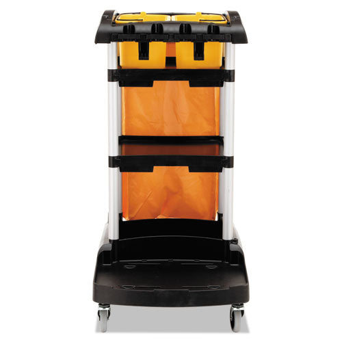 Image of Rubbermaid® Commercial FG9T7200BLA High Capacity Cleaning Cart, Plastic, 4 Shelves, 2 Bins, 21.75" x 49.75" x 38.38", Black