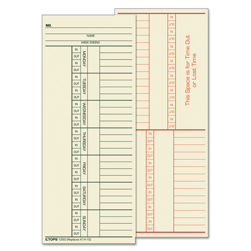 Image of TOPS 1260 Time Clock Cards, Replacement For K14-15, Two Sides, 3.38 X 8.25, 500/box