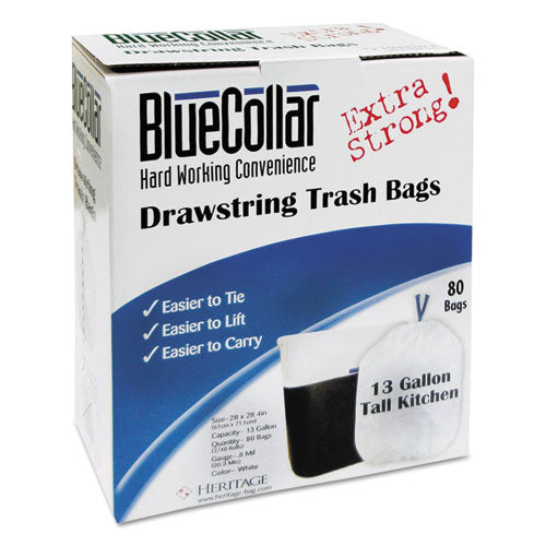 Image of BlueCollar N4828EW RC1 Drawstring Trash Bags, Drawstring, 13 gal, 24" x 28", White, 80 Bags/Box, 6 Boxes/Carton