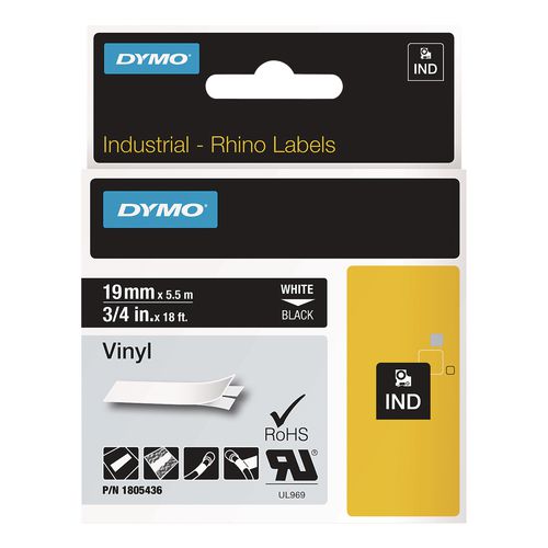 Image of DYMO® 1805436 Rhino Permanent Vinyl Industrial Label Tape, 0.75" X 18 Ft, Black/white Print