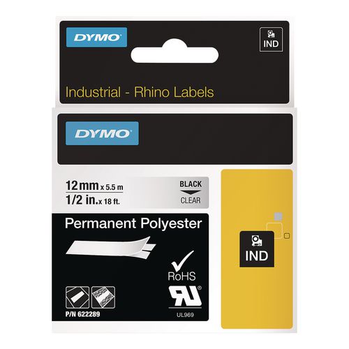 Image of DYMO® 622289 Rhino Permanent Vinyl Industrial Label Tape, 0.5" X 18 Ft, Clear/black Print