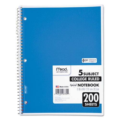 Image of Mead® 06780 Spiral Notebook, 5-Subject, Medium/College Rule, Randomly Assorted Cover Color, (200) 11 x 8 Sheets