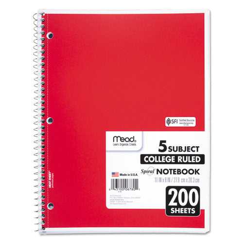 Image of Mead® 06780 Spiral Notebook, 5-Subject, Medium/College Rule, Randomly Assorted Cover Color, (200) 11 x 8 Sheets