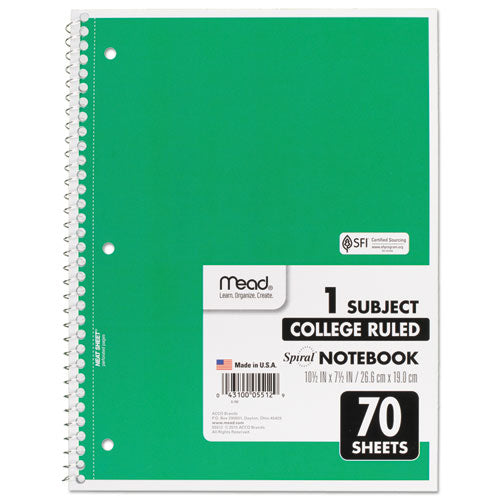 Image of Mead® 05512 Spiral Notebook, One-Subject, Medium/College Rule, Randomly Assorted Cover Color, (70) 10.5 x 7.5 Sheets