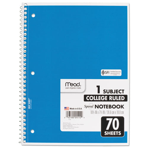 Image of Mead® 05512 Spiral Notebook, One-Subject, Medium/College Rule, Randomly Assorted Cover Color, (70) 10.5 x 7.5 Sheets