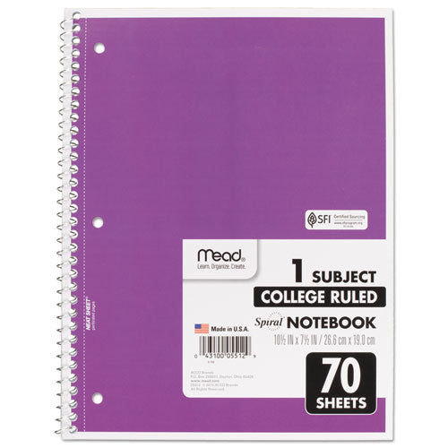 Image of Mead® 05512 Spiral Notebook, One-Subject, Medium/College Rule, Randomly Assorted Cover Color, (70) 10.5 x 7.5 Sheets