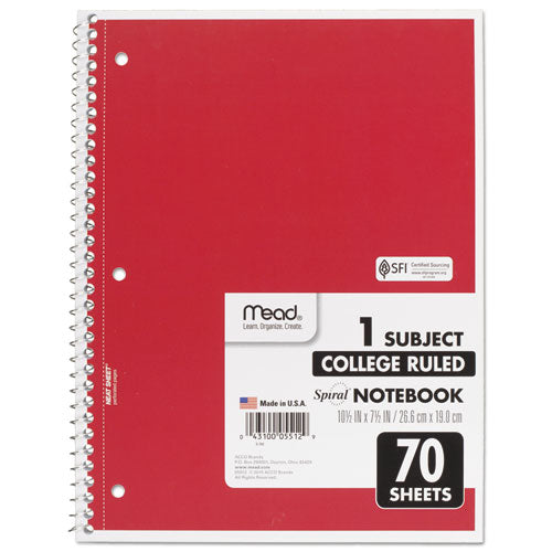 Image of Mead® 05512 Spiral Notebook, One-Subject, Medium/College Rule, Randomly Assorted Cover Color, (70) 10.5 x 7.5 Sheets