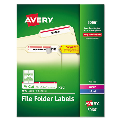 Image of Avery® 05066 Permanent TrueBlock File Folder Labels with Sure Feed Technology, 0.66: x 3.44", White, 30/Sheet, 50 Sheets/Box